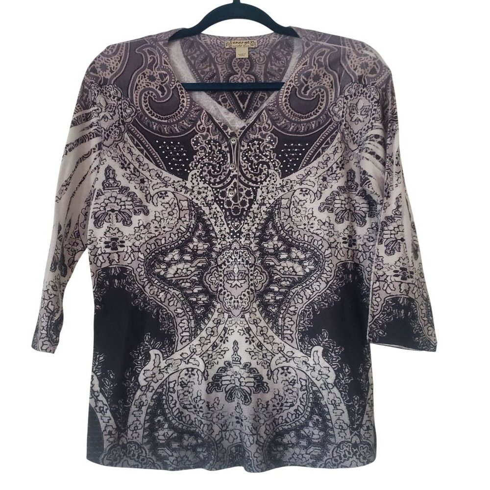 Energe Womens‎ Petite Womens Gray Blouse Size L Paisley Rhinestone Grunge Y2K